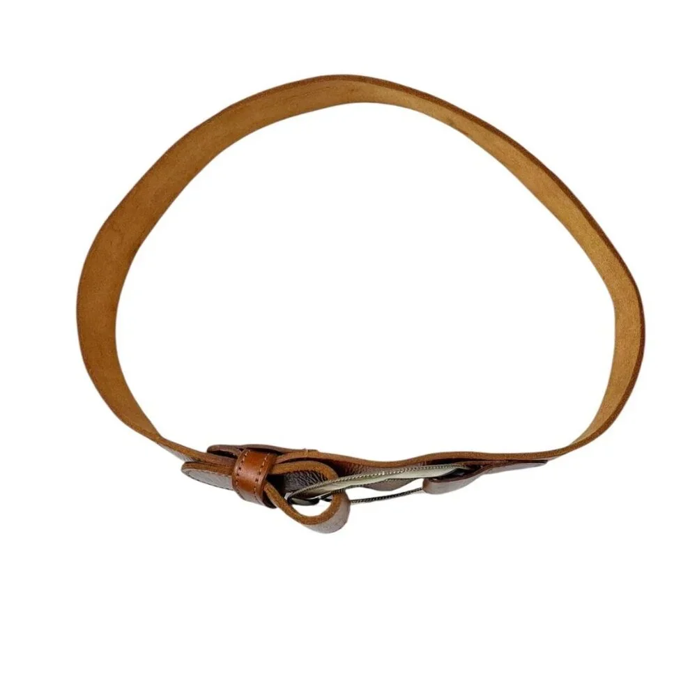 Chico's Genuine Leather Belt Size Medium Tan Statement Buckle Boho Cowgirl